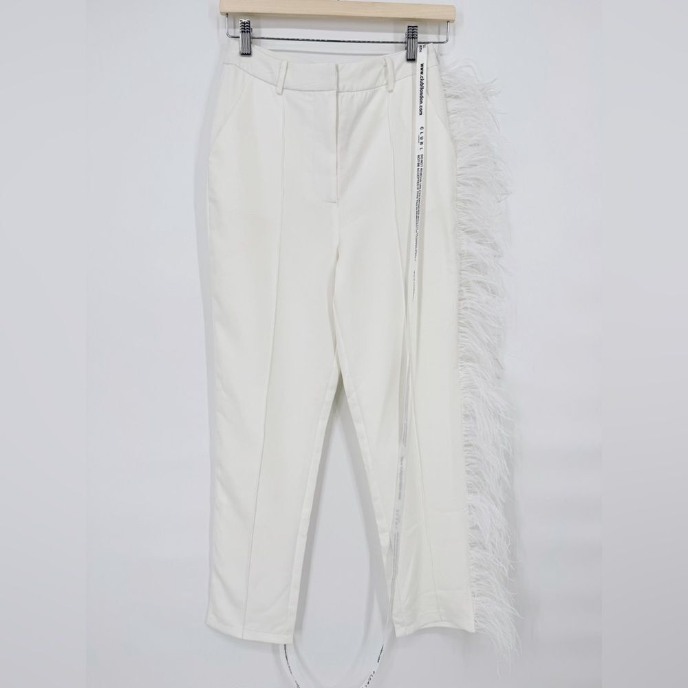 Club L London Count Me In White Tailored Feather Trim Trousers Sz‎ 2 NWT - Picture 6 of 14